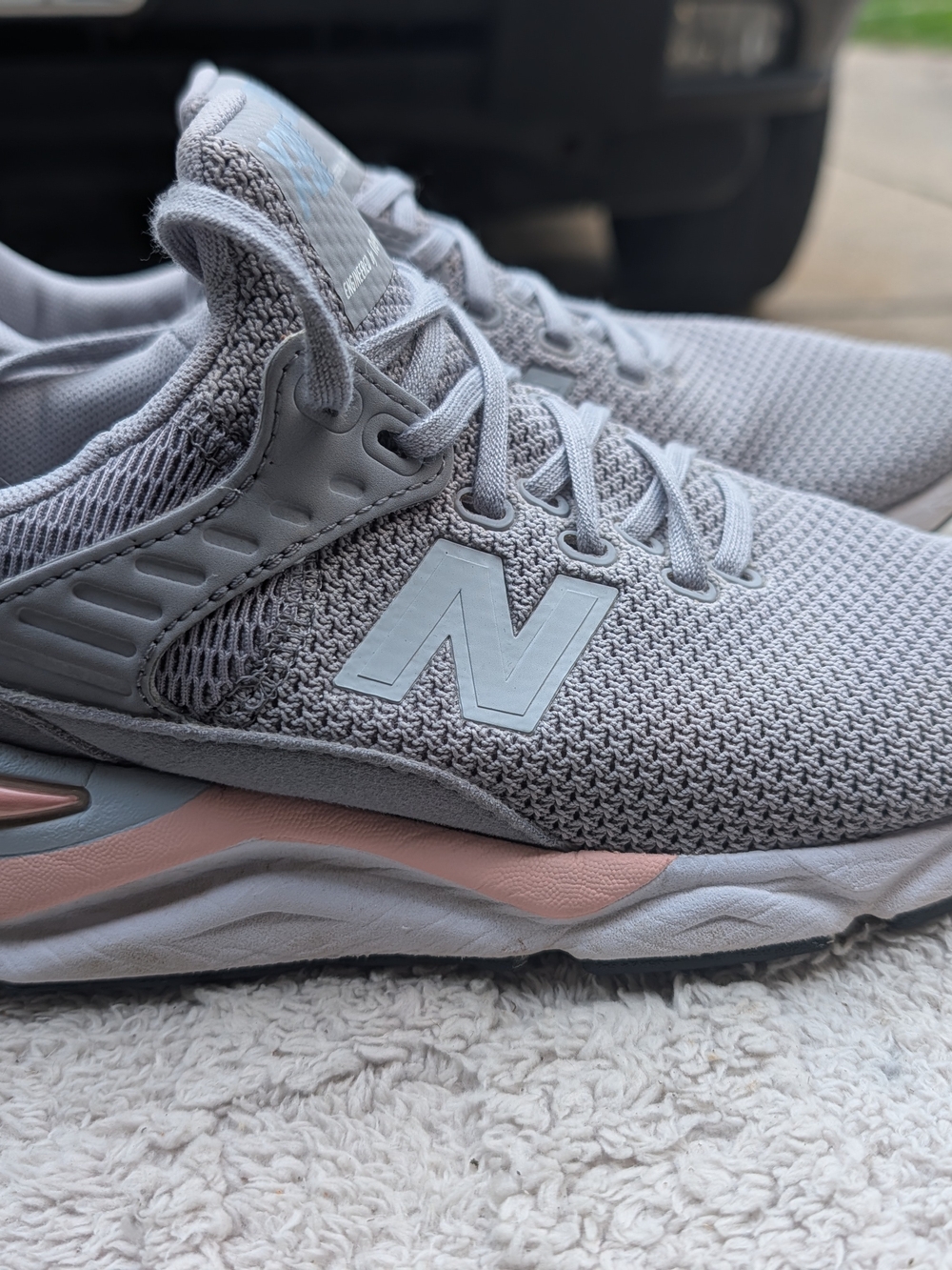 New Balance Women's Gray Knit Running Sneakers with Pink Accent